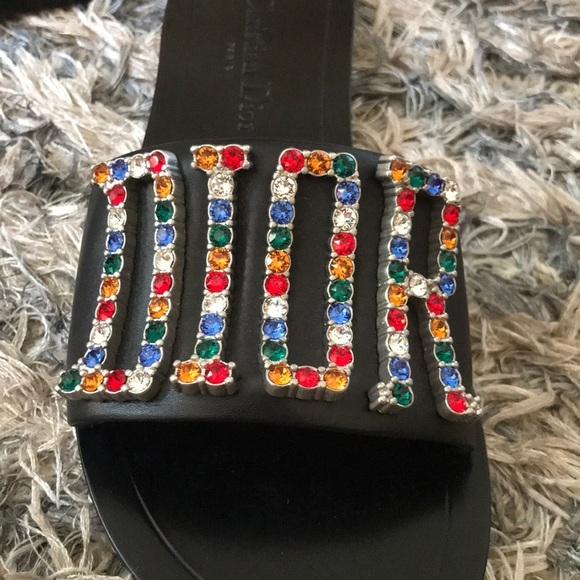 Dior Metal Grey Canvas Dway Flat Slide Sandals Size 36 Dior  Dior Sandals - DIOREVOLUTION S with Rainbow Colored Crystal Embellished Logo, 36